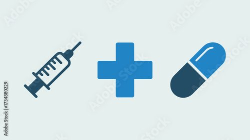Medical icon set with syringe plus sign and pill simple flat vector illustration for healthcare and pharmaceutical design isolated on white background