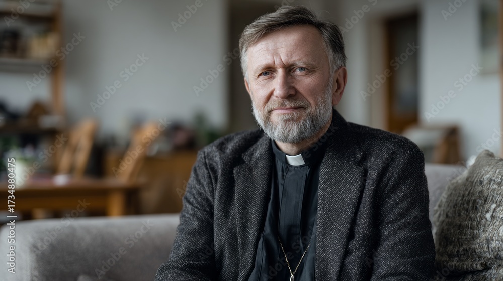 Naklejka premium Real portrait of serious Priest sitting on a couch inside a bright church office