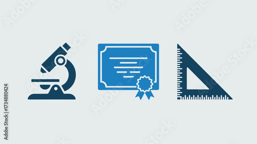 Science and education icon set featuring a microscope diploma and triangle ruler simple flat vector design elements isolated on white background