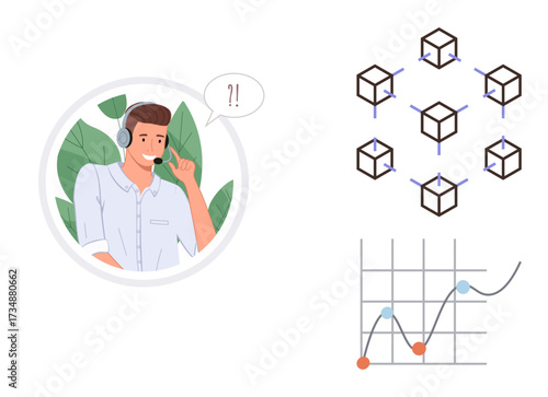 Customer support representative wearing a headset speaking, interconnected blockchain structures, and a dynamic line graph highlighting data trends. Ideal for remote work, customer service