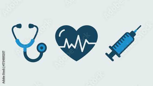 Medical icon set with stethoscope heart rate and syringe vector illustration for healthcare isolated on white background