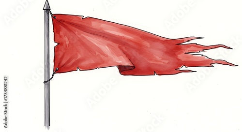 Red tattered flag waving on pole isolated against white background