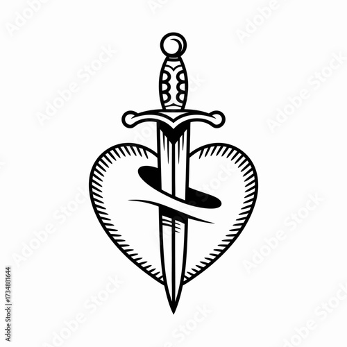 A bold and striking graphic illustrating a heart pierced by a dagger, representing themes of love, betrayal, and the complexity of human emotions in relationships.