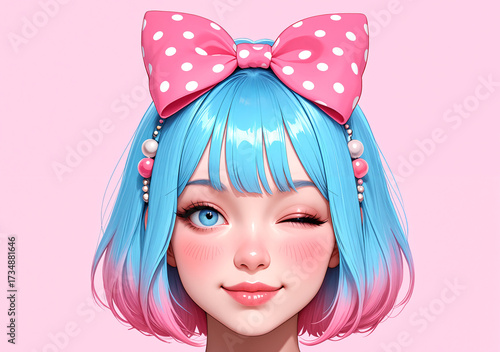 Cute 3D anime girl with blue and pink gradient hair, winking playfully on a minimalist pink background.