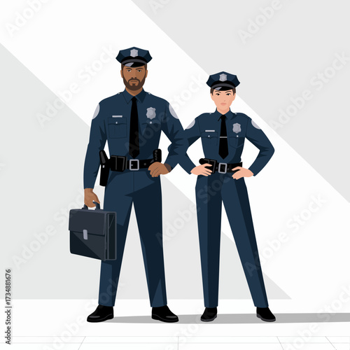 This image features two police officers standing confidently side by side, dressed in complete uniforms, representing safety and professionalism in law enforcement.