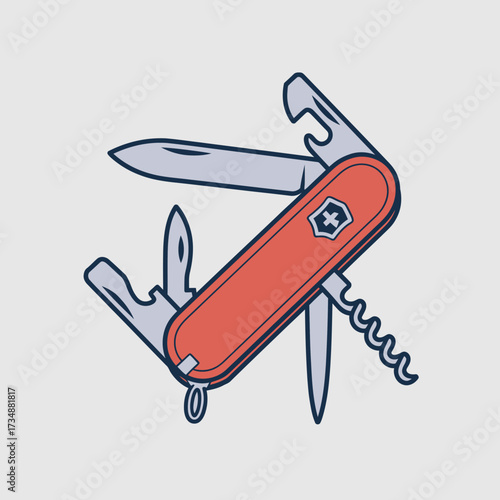 An illustrative depiction of a Swiss Army multi-tool, highlighting its versatility and essential nature for outdoor enthusiasts, encapsulating practicality and ingenuity in one design.