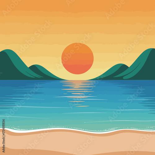 A serene sunset illustration showing tranquil waters beneath soft hues of orange and blue, inviting viewers to relish the beauty of nature and peaceful moments at the shore.