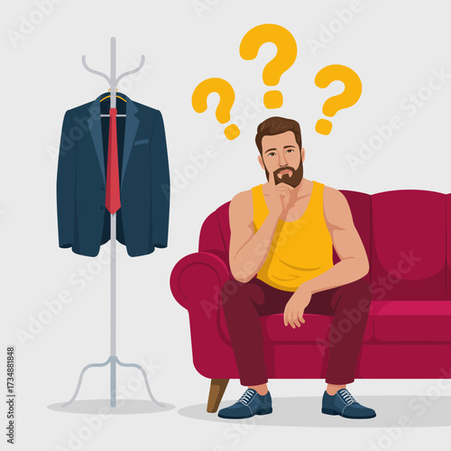 A man sitting on a red couch appears confused while contemplating his dressing choice, showcasing the modern challenges of style and decision-making in fashion.