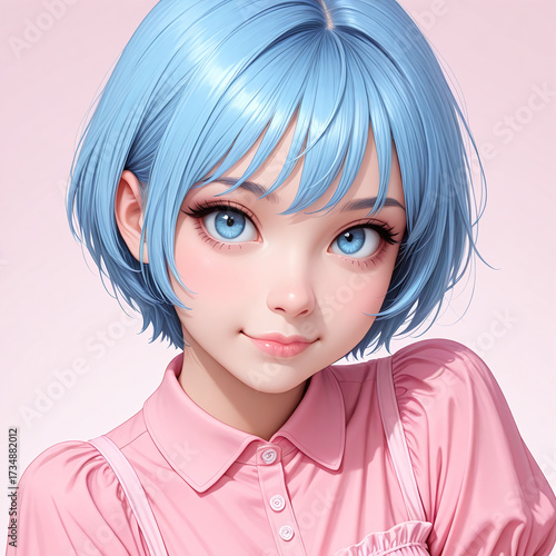 3D render of a cute anime girl with short blue hair and big blue eyes, smiling on a pink background.