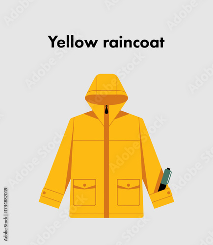 A vivid yellow raincoat featuring a pocket and zipper, ideal for shielding against wet weather, symbolizing practicality, functionality, and vibrant style.