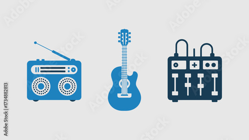 Set of music icons including a radio guitar and audio mixer flat vector illustration for music production and entertainment