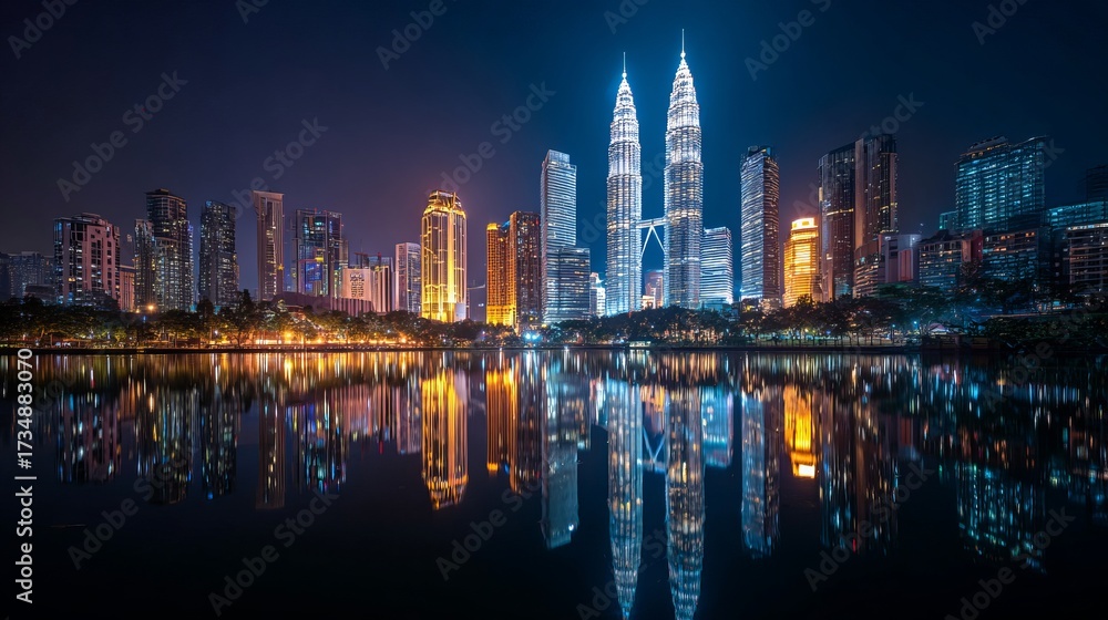 Obraz premium Kuala Lumpur skyline at night with illuminated skyscrapers and city architecture