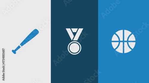 Minimalist sports icon set featuring baseball bat medal and basketball flat vector design element isolated on white and blue backgrounds