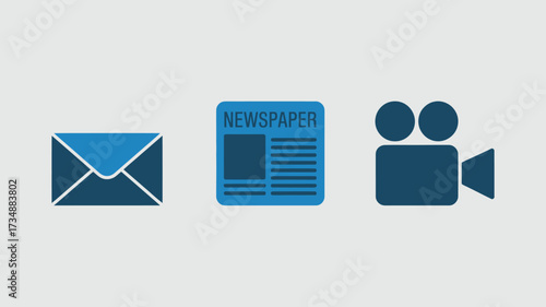 Set of media icons including email newspaper and video camera simple flat vector design element for web and mobile apps isolated on white background