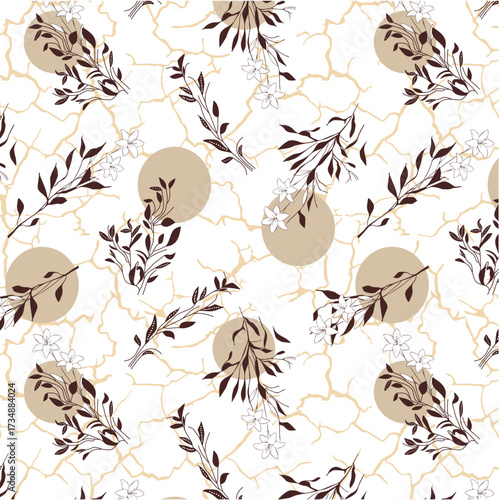 Leafy flowers on abstract cracked ground