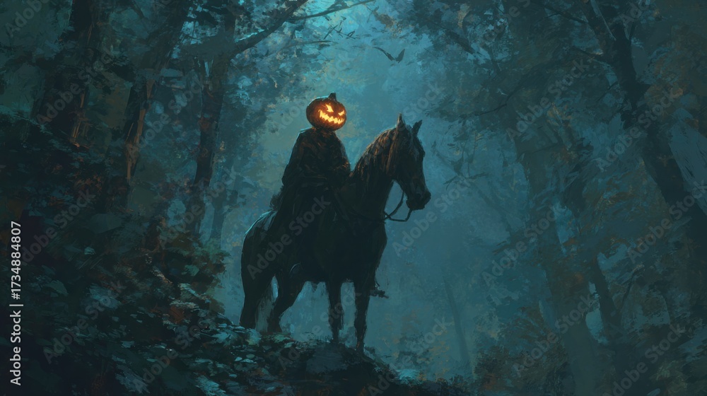 Fototapeta premium Eerie Headless Horseman in Dark Forest with Glowing Pumpkin.