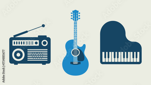 Set of musical instrument icons radio guitar and piano simple flat vector design element for music apps and websites isolated on white background