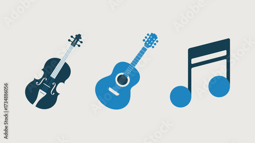 Musical instrument icons featuring a violin guitar and music note simple flat vector design element isolated on white background