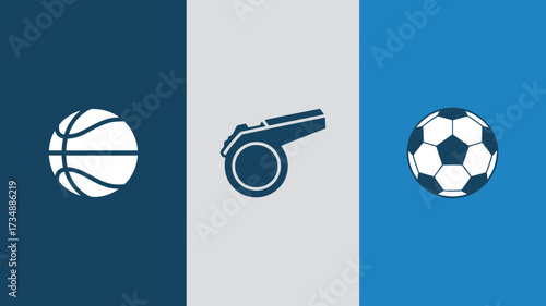Sports equipment icons including a basketball whistle and soccer ball flat vector design element isolated on a blue and gray background