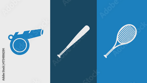 Sports equipment vector icons including a whistle baseball bat and tennis racket simple flat design for sports apps and websites