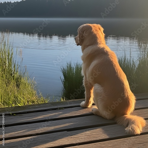 Happy dog swimming on beach and lake in summer water fun