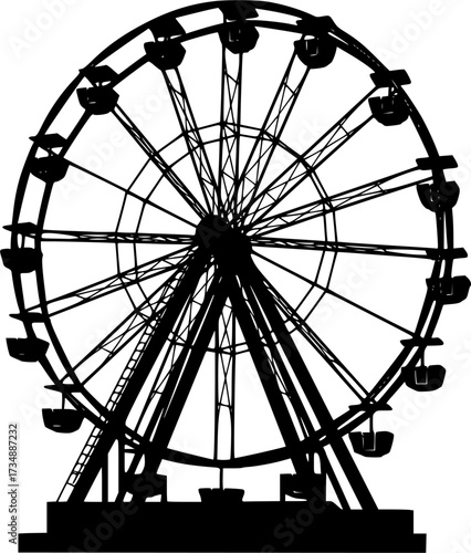 Classic ferris wheel silhouette with gondolas isolated on white background
