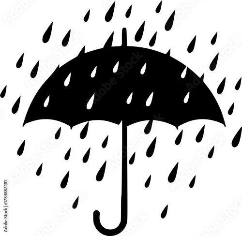 Black silhouette of an umbrella protecting from falling raindrops isolated on white background
