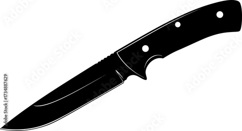 A sharp black silhouette of a hunting knife with a full tang and two rivets on the handle isolated on white background
