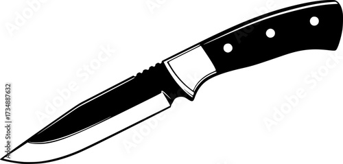 A sharp black silhouette of a hunting knife with a full tang and two rivets on the handle isolated on white background
