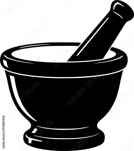 Black silhouette of a mortar and pestle on a white background for grinding spices or herbs isolated on white background
