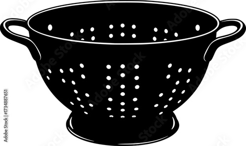 Black silhouette of a kitchen colander with many small holes and two handles isolated on white background
