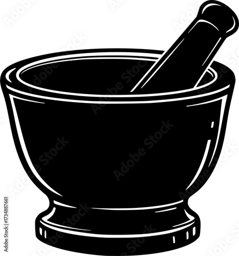 Black silhouette of a mortar and pestle on a white background for grinding spices or herbs isolated on white background
