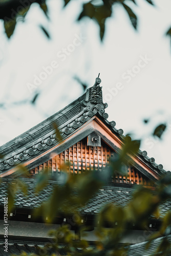 Kyoto, Japan: Traditional Japanese roof detail, dark curved tiled roof, wood eaves, decorative end tile (Onigawara). Architecture background.