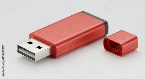 Red usb flash drive with cap isolated on white surface