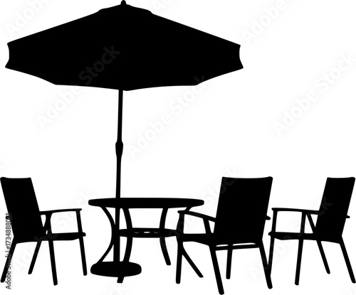Outdoor cafe scene with chairs table umbrella lamp and coat rack silhouette isolated on white background
