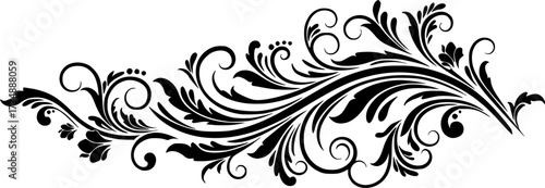 Elegant black floral vine with swirling tendrils and small flowers isolated on white background silhouette
