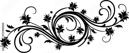 Elegant black floral vine with swirling tendrils and small flowers isolated on white background silhouette
