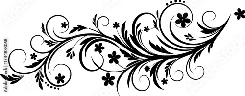 Elegant black floral vine with swirling tendrils and small flowers isolated on white background silhouette
