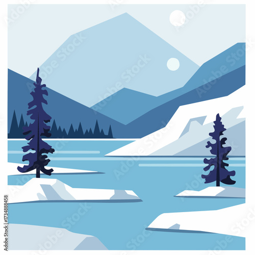 Winter landscape with mountains, trees, and a lake in blue tones  