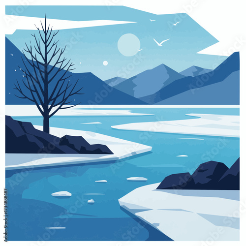 Abstract winter landscape with mountains and river in blue tones  