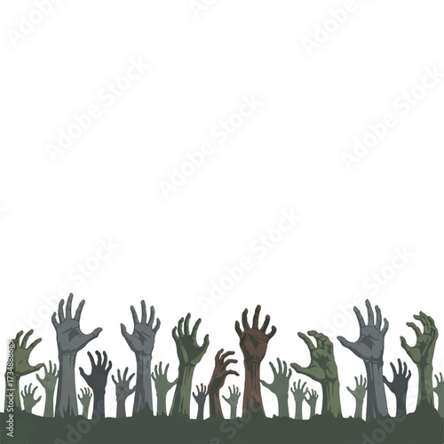 A collection of pixelated zombie hands protrude from a greenishbrown base against a white background