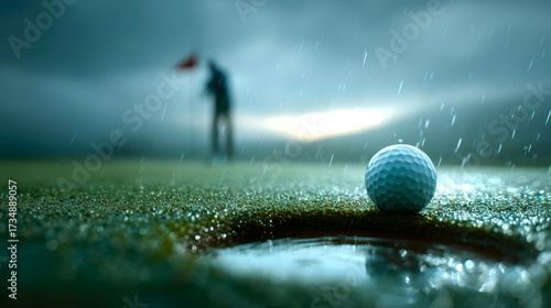 Golf Ball Ready to Sink in Rainy Conditions on the Course