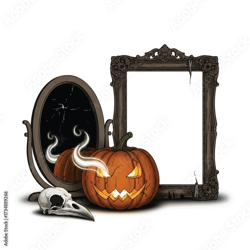 A jackolantern sits beside a skull and broken mirror framed by an ornate rectangular frame
