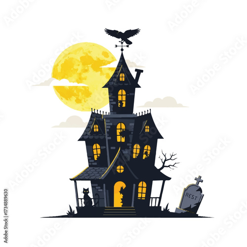A spooky dark haunted house stands under a full moon beside a tombstone and black cat