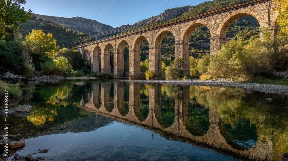 Fototapeta premium Stone arch bridge reflecting in calm river