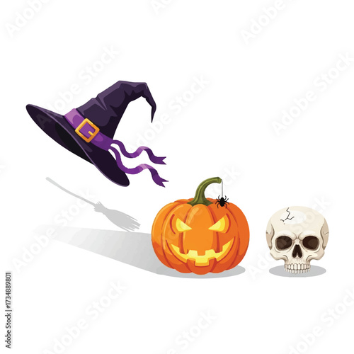 A witch hat with a broom shadow a pumpkin with a spider and a skull sit on a white background
