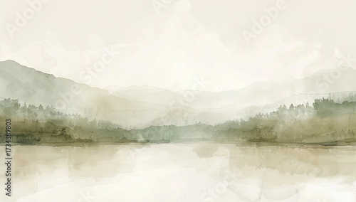 Serene mountain landscape reflected in a lake. Soft, muted colors evoke a tranquil scene