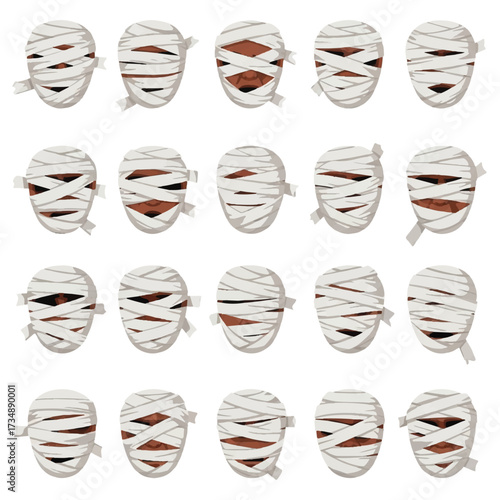An array of twenty cartoon mummies showcasing bandaged faces with visible skin sections