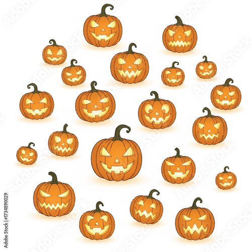 An assortment of 20 glowing carved orange pumpkins of various sizes arranged against a white background