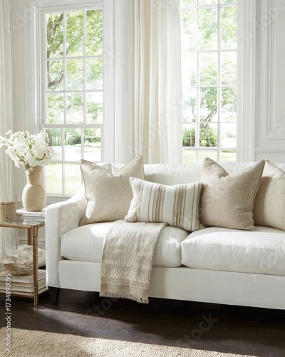 White Sofa With Decorative Pillows And Throw Blanket In Modern Living Room